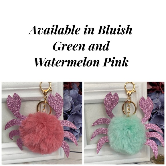 Blue Crab Pom Pom with Pink Glitter Claws Keychain Charm - Picture 10 of 12